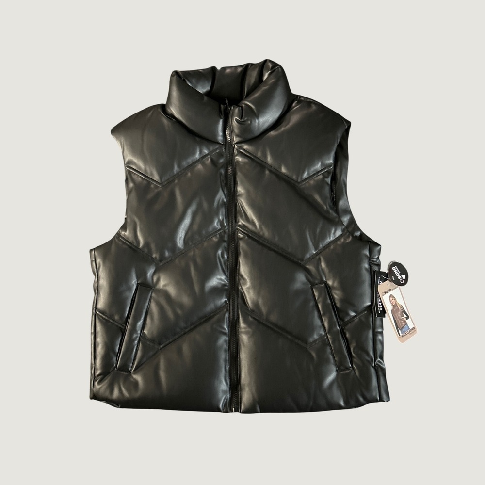 Ci Sono Puffer Vest Womens XL Black Vegan Leather Quilted Zip Up NWT Moto